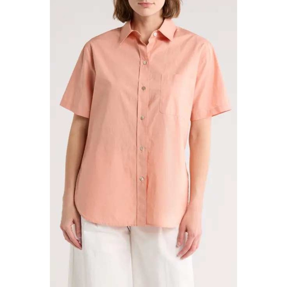 Vince Womens Short Sleeve Button Up Cotton Shirt Peach Coral Small